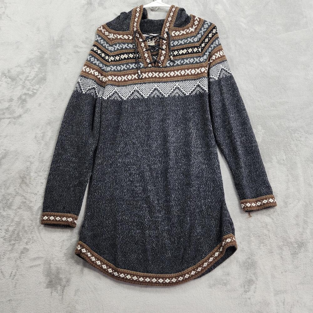 Artesania Sweater Tunic Womens M Gray Hooded Long Sleeve Fair Isle Beaded Alpaca